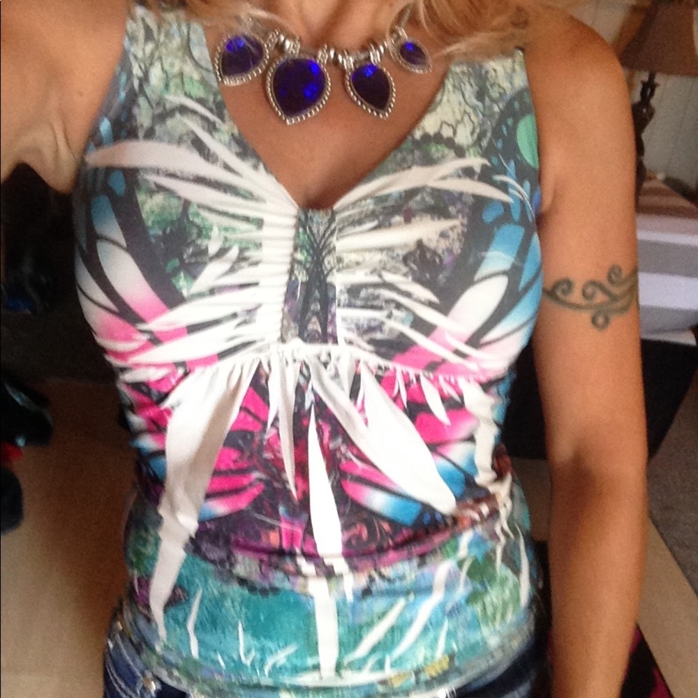 Crocheted back butterfly print blouse